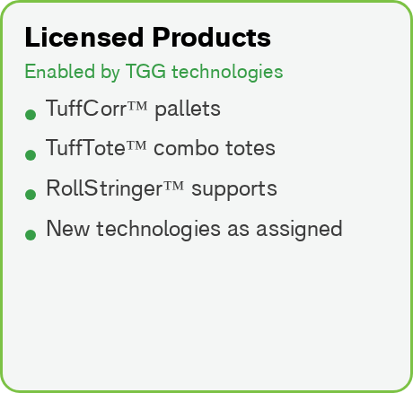 Licensed Products: TuffCorr™ pallets; TuffTote™ combo totes; RollStringer™ supports; new technologies as assigned.