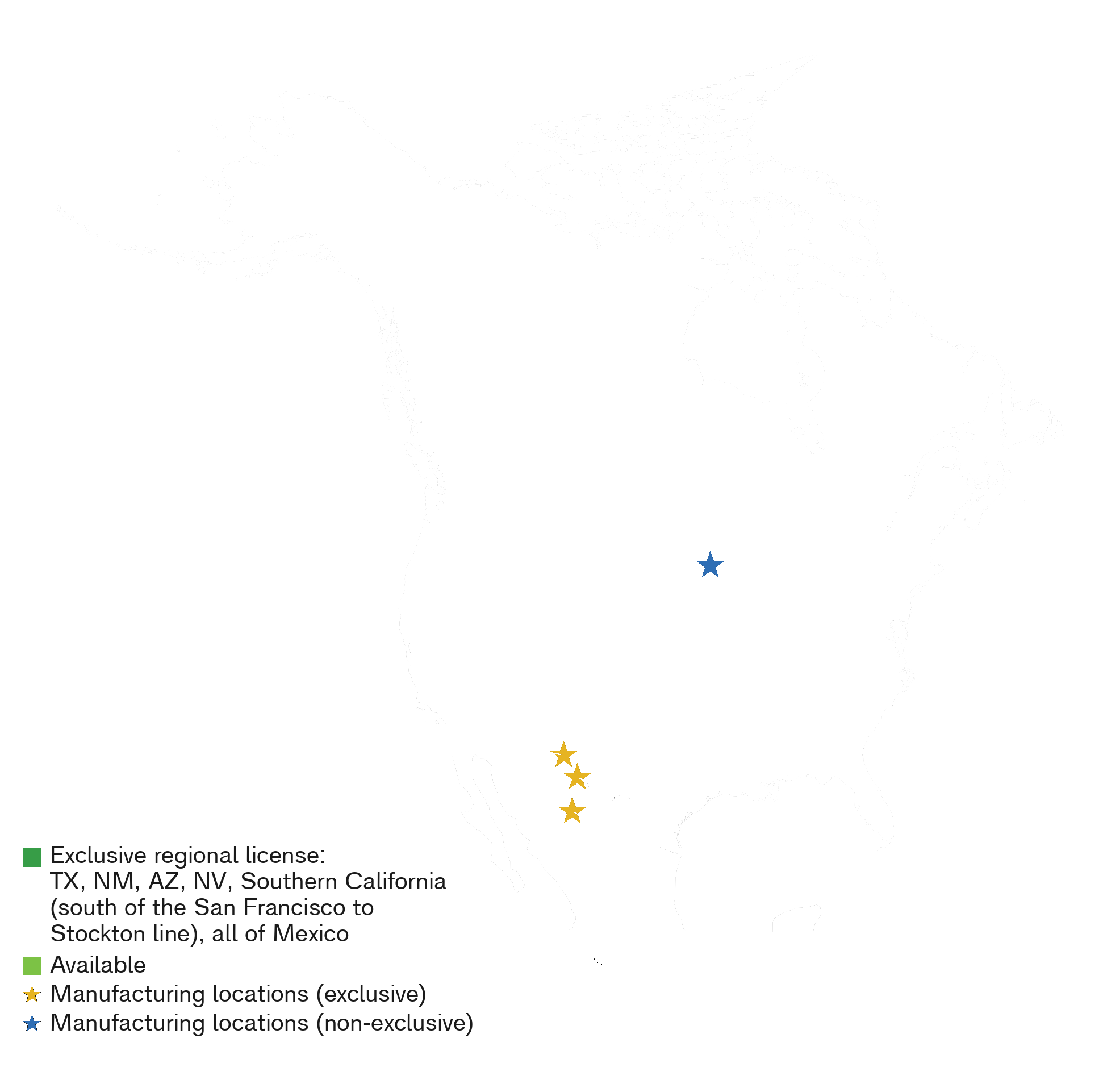 North America map of exclusive and available regional licenses