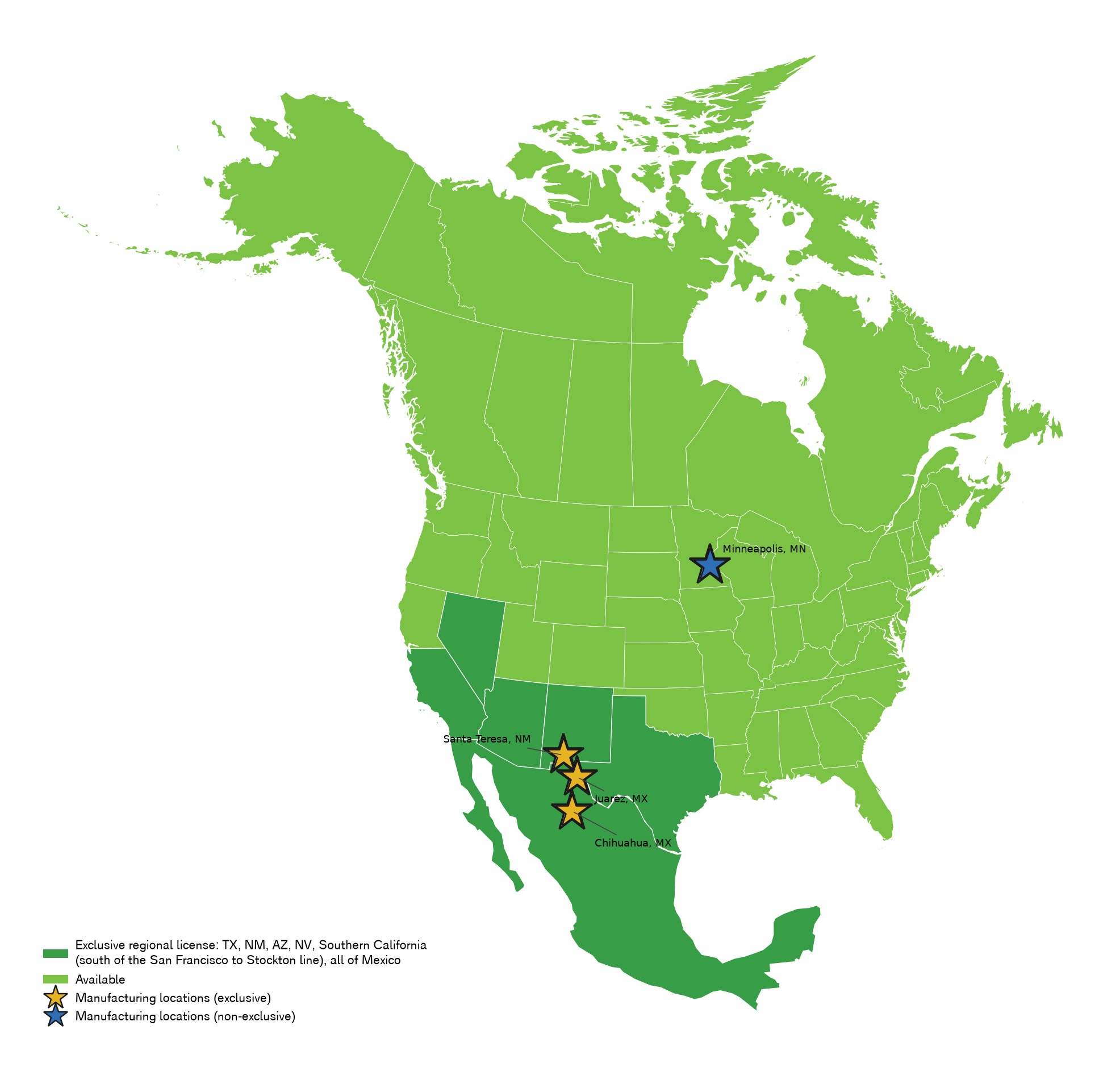 North America map of exclusive and available regional licenses