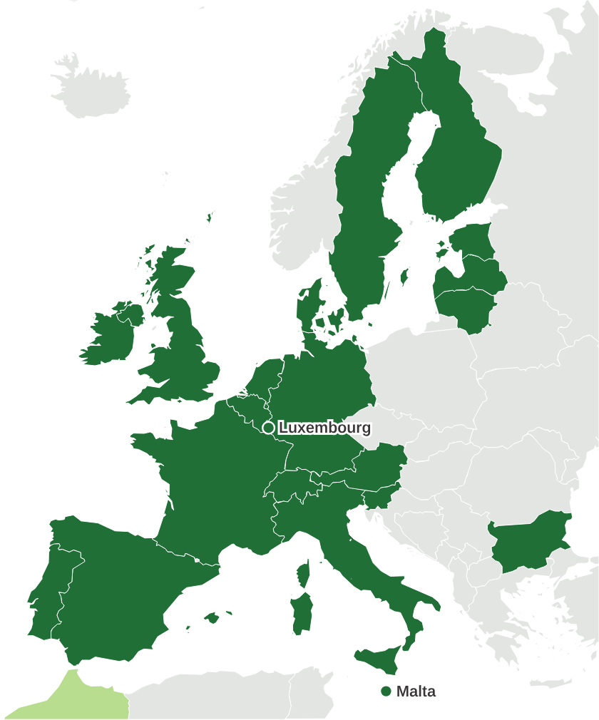 Europe detail of MaxCorr™ patent coverage, shaded country by country; dots mark Luxembourg and Malta.