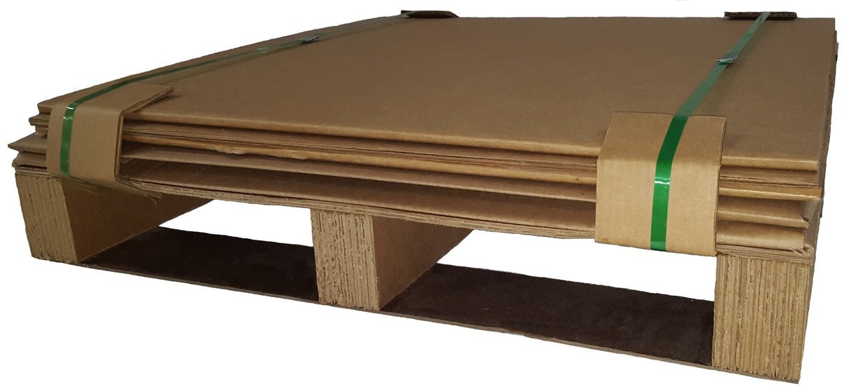 TuffTote™ combo tote knocked down flat and strapped to its corrugate pallet for shipping